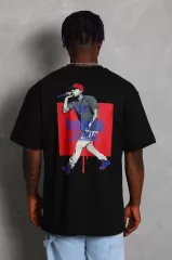 Unisex Oversize Baskılı Bisiklet Yaka T-Shirt - Siyah