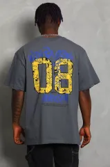 Unisex Oversize Baskılı Bisiklet Yaka T-Shirt - Füme