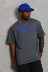 Unisex Oversize Baskılı Bisiklet Yaka T-Shirt - Füme