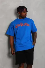 Unisex Oversize Baskılı Bisiklet Yaka T-Shirt - Mavi