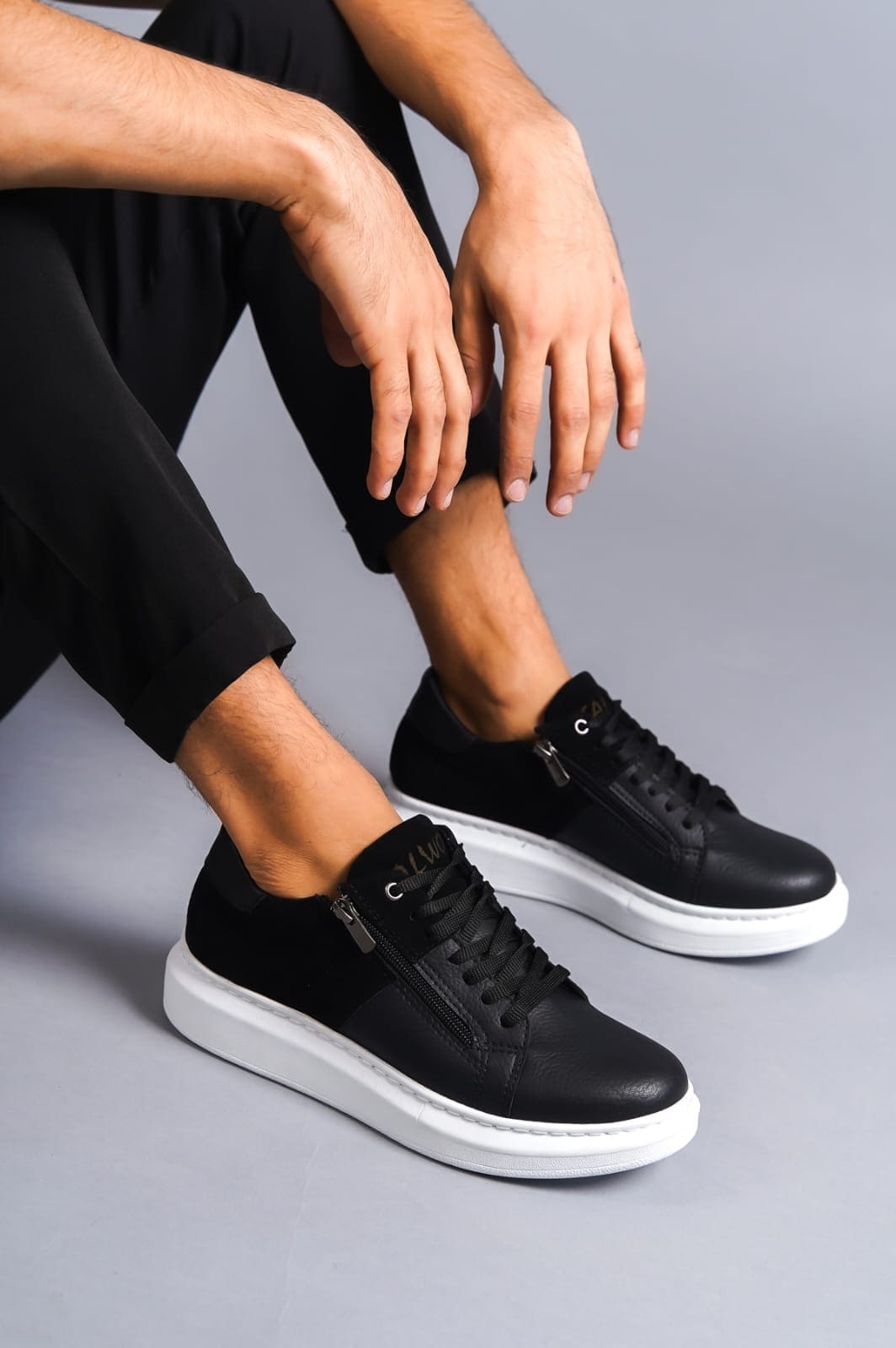 SLW155 Warrior Bağcıklı ve Fermuarlı Cilt Süet Erkek Günlük Sneaker Ayakkabı BT - Siyah
