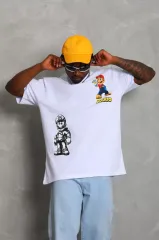 Unisex Oversize Baskılı Bisiklet Yaka T-Shirt - Beyaz