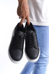 SLW155 Warrior Bağcıklı ve Fermuarlı Cilt Erkek Günlük Sneaker Ayakkabı BT - Siyah