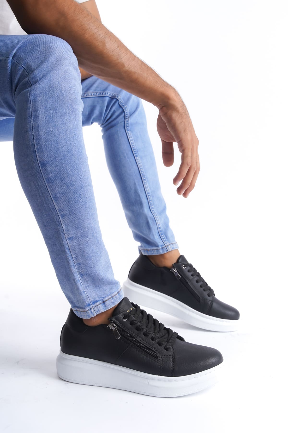SLW155 Warrior Bağcıklı ve Fermuarlı Cilt Erkek Günlük Sneaker Ayakkabı BT - Siyah