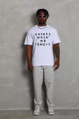Unisex Oversize Baskılı Bisiklet Yaka T-Shirt - Beyaz