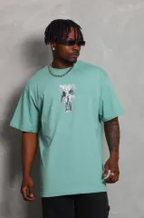 Unisex Oversize Baskılı Bisiklet Yaka T-Shirt - Mint Yeşili