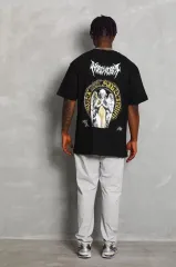 Unisex Oversize Baskılı Bisiklet Yaka T-Shirt - Siyah