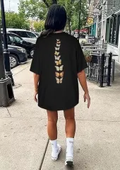 Kadın Bisiklet Yaka Baskılı T-shirt - Siyah