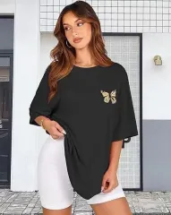 Kadın Bisiklet Yaka Baskılı T-shirt - Siyah