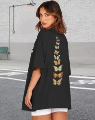 Kadın Bisiklet Yaka Baskılı T-shirt - Siyah