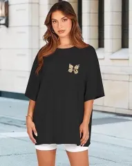 Kadın Bisiklet Yaka Baskılı T-shirt - Siyah