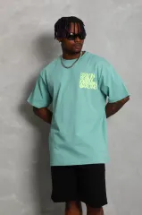 Unisex Oversize Baskılı Bisiklet Yaka T-Shirt - Mint Yeşili