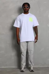 Unisex Oversize Baskılı Bisiklet Yaka T-Shirt - Beyaz
