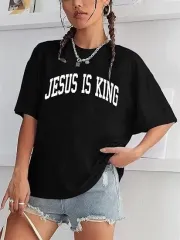 Kadın Bisiklet Yaka Kısa Kol Baskılı T-shirt - Siyah