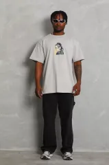 Unisex Oversize Baskılı Bisiklet Yaka T-Shirt - Gri