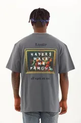 Unisex Oversize Baskılı Bisiklet Yaka T-Shirt - Füme