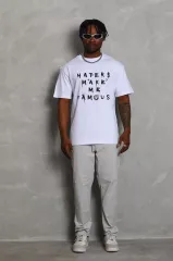 Unisex Oversize Baskılı Bisiklet Yaka T-Shirt - Beyaz