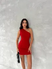Tek Omuzlu Kolsuz Mini Boy Elbise - Kırmızı