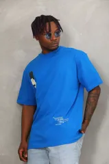 Unisex Oversize Baskılı Bisiklet Yaka T-Shirt - Mavi
