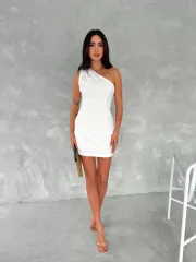 Tek Omuzlu Kolsuz Mini Boy Elbise - Beyaz
