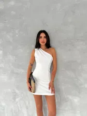Tek Omuzlu Kolsuz Mini Boy Elbise - Beyaz
