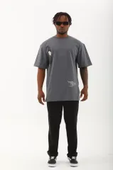 Unisex Oversize Baskılı Bisiklet Yaka T-Shirt - Füme