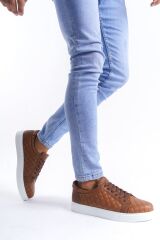 SLW166 Prestige Bağcıklı Cilt Kapitone Desenli Erkek Günlük Sneaker Ayakkabı BT - Taba