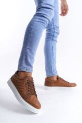 SLW166 Prestige Bağcıklı Cilt Kapitone Desenli Erkek Günlük Sneaker Ayakkabı BT - Taba