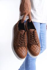 SLW166 Prestige Bağcıklı Cilt Kapitone Desenli Erkek Günlük Sneaker Ayakkabı BT - Taba