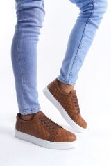 SLW166 Prestige Bağcıklı Cilt Kapitone Desenli Erkek Günlük Sneaker Ayakkabı BT - Taba
