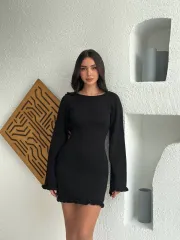 Sırt Pencereli Mini Triko Elbise - Siyah
