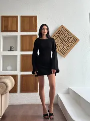 Sırt Pencereli Mini Triko Elbise - Siyah
