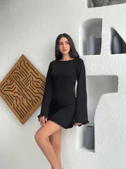 Sırt Pencereli Mini Triko Elbise - Siyah