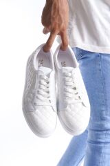 SLW166 Prestige Bağcıklı Cilt Kapitone Desenli Erkek Günlük Sneaker Ayakkabı BT - Beyaz