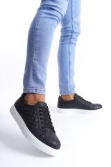 SLW166 Prestige Bağcıklı Cilt Kapitone Desenli Erkek Günlük Sneaker Ayakkabı BT - Siyah