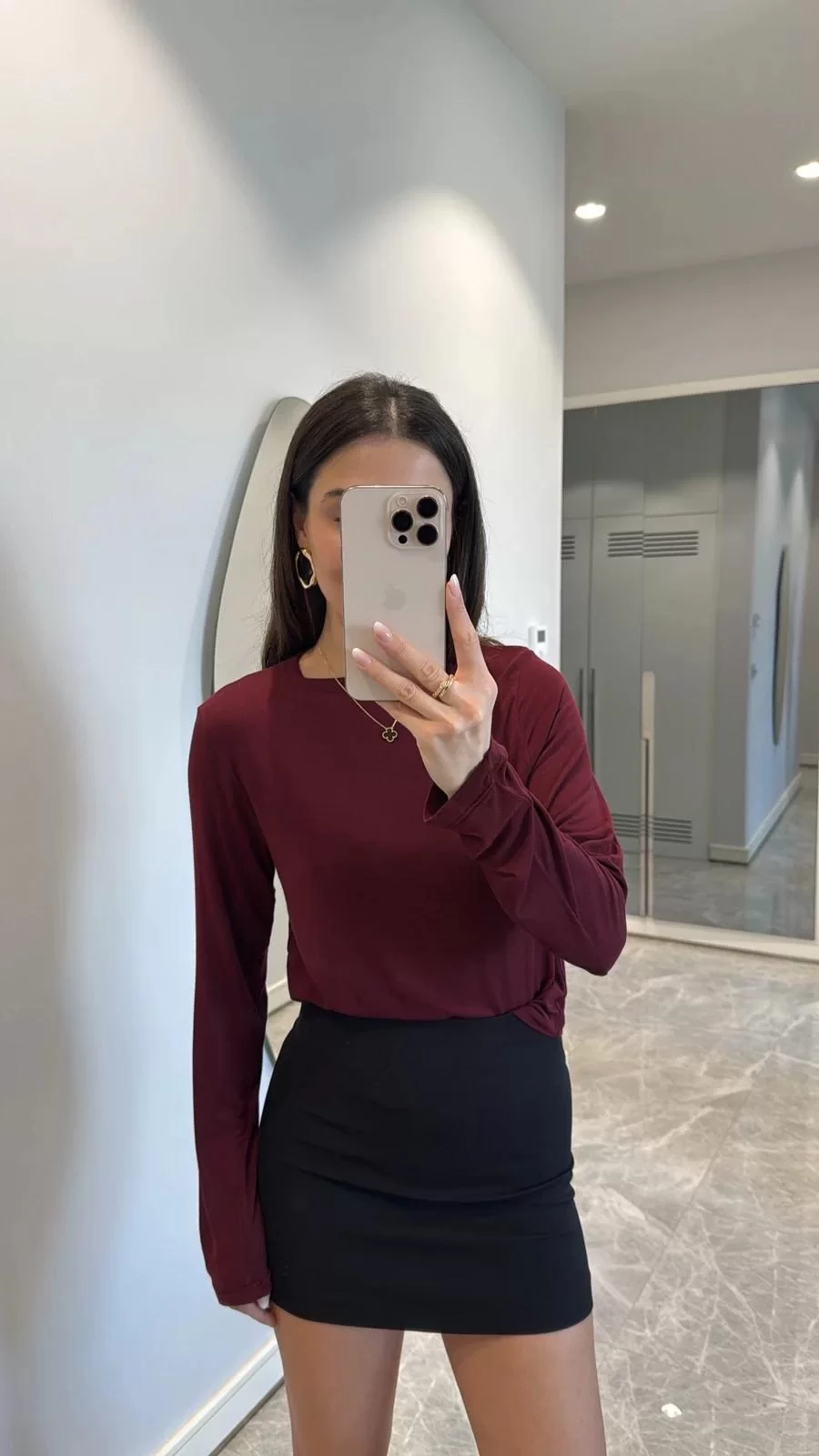 Bisiklet Yaka Uzun Kollu Crop - Bordo