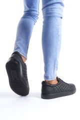SLW166 Prestige Bağcıklı Cilt Kapitone Desenli Erkek Günlük Sneaker Ayakkabı ST - Siyah