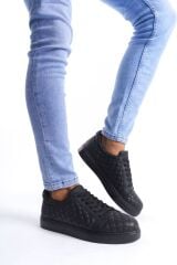 SLW166 Prestige Bağcıklı Cilt Kapitone Desenli Erkek Günlük Sneaker Ayakkabı ST - Siyah