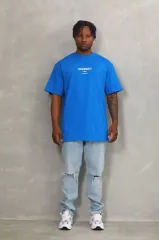 Unisex Oversize Baskılı Bisiklet Yaka T-Shirt - Mavi