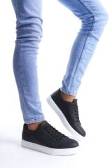 SLW165 Elite Bağcıklı Cilt Erkek Günlük Sneaker Ayakkabı BT - Siyah
