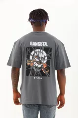 Unisex Oversize Baskılı Bisiklet Yaka T-Shirt - Füme