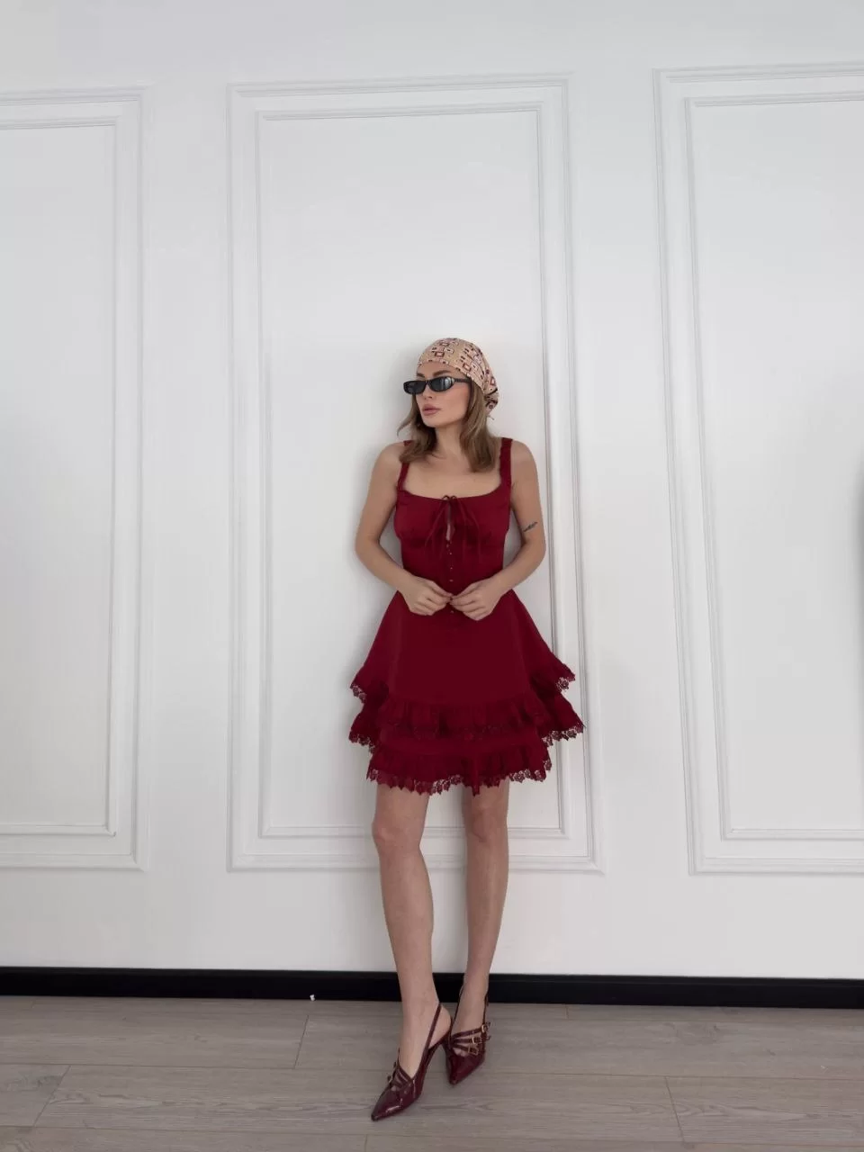 Mini Askılı Elbise - Bordo