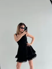 Mini Askılı Elbise - Siyah