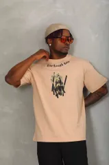 Unisex Oversize Baskılı Bisiklet Yaka T-Shirt - Bej