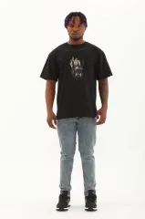 Unisex Oversize Baskılı Bisiklet Yaka T-Shirt - Siyah