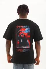 Unisex Oversize Baskılı Bisiklet Yaka T-Shirt - Siyah