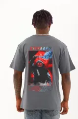 Unisex Oversize Baskılı Bisiklet Yaka T-Shirt - Füme