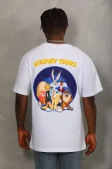 Unisex Oversize Baskılı Bisiklet Yaka T-Shirt - Beyaz