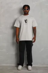 Unisex Oversize Baskılı Bisiklet Yaka T-Shirt - Gri