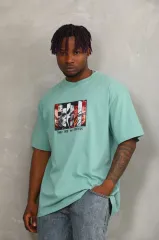 Unisex Oversize Baskılı Bisiklet Yaka T-Shirt - Mint Yeşili